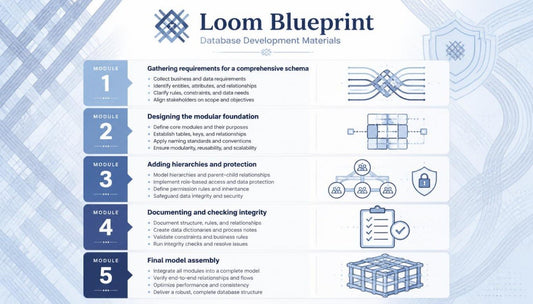 An infographic titled 'Loom Blueprint Database Development Materials' outlining a five-module database development curriculum with icons and diagrams on a light blue and white background.