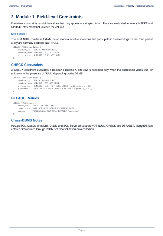 A single-page digital document showing a database schema or technical manual page titled '2. Module 1: Field-level Constraints' with text and SQL-style constraint examples on a white page.