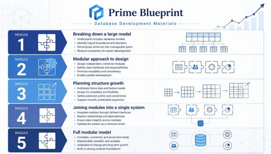 An infographic titled 'Prime Blueprint Database Development Materials' showing a 5-module modular approach to database design, with text, icons, and a blue line graph on a white background.