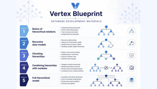 An infographic titled 'Vertex Blueprint Database Development Materials' showing five modules on database hierarchy concepts, with text and diagram illustrations on a light blue background.