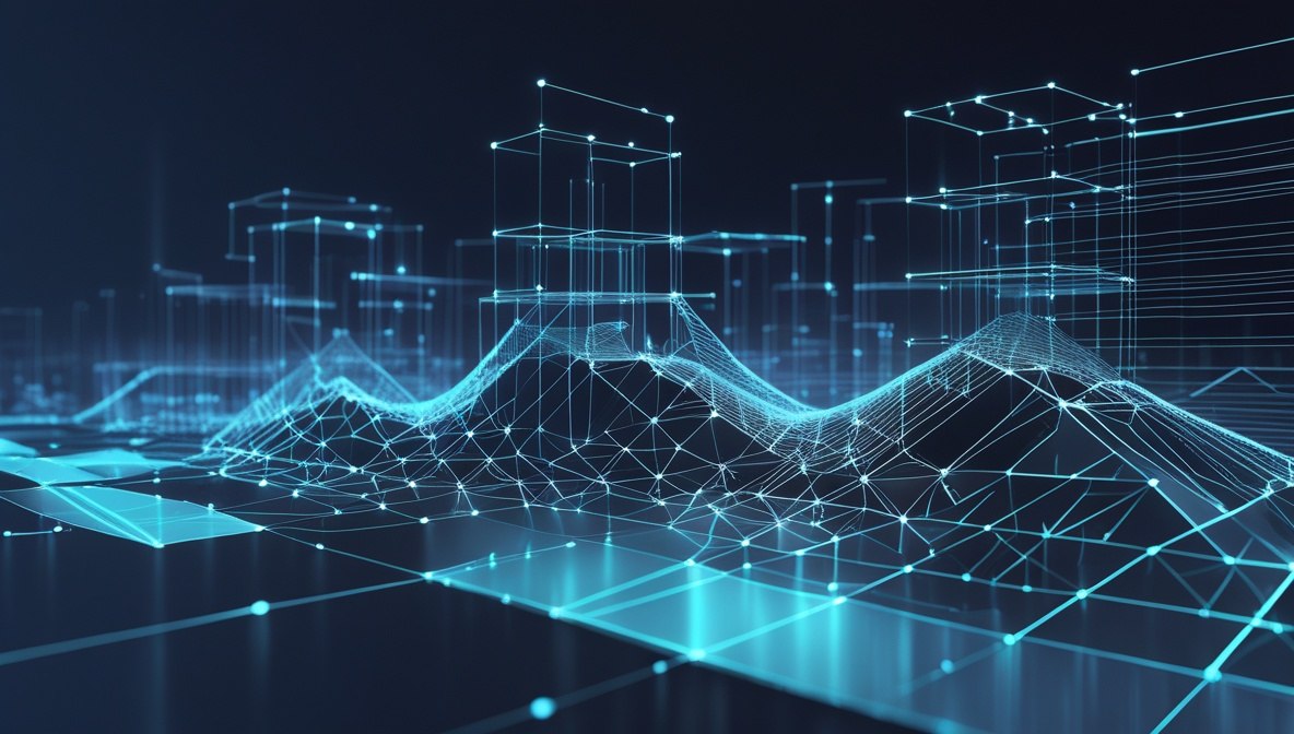 Abstract digital artwork of a futuristic blue wireframe cityscape with glowing nodes, geometric buildings, and a low-poly mountain range on a dark background.