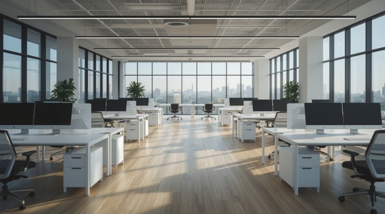 A bright, modern open-plan office with rows of white desks, black computer monitors, and black mesh office chairs on a light wood floor, with large floor-to-ceiling windows and a city skyline outside.