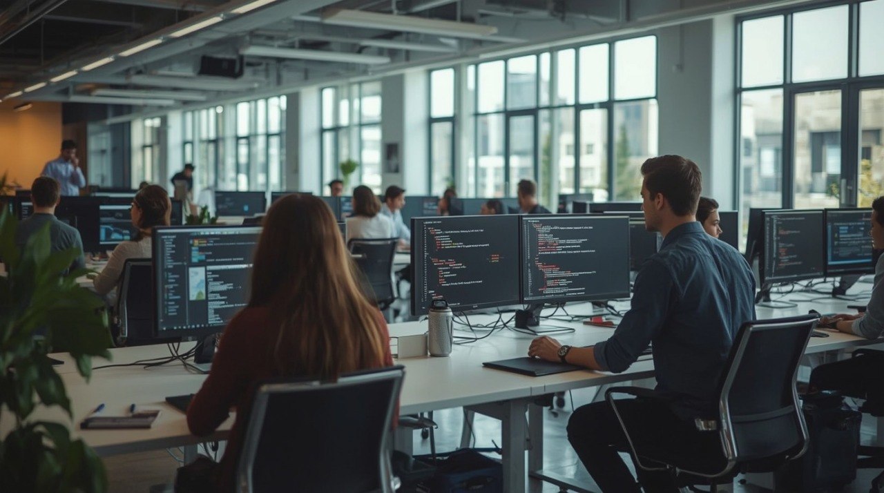 A modern open-office workspace with multiple people seated at desks using computer monitors. Large windows line the back wall, and the scene is lit with natural light.
