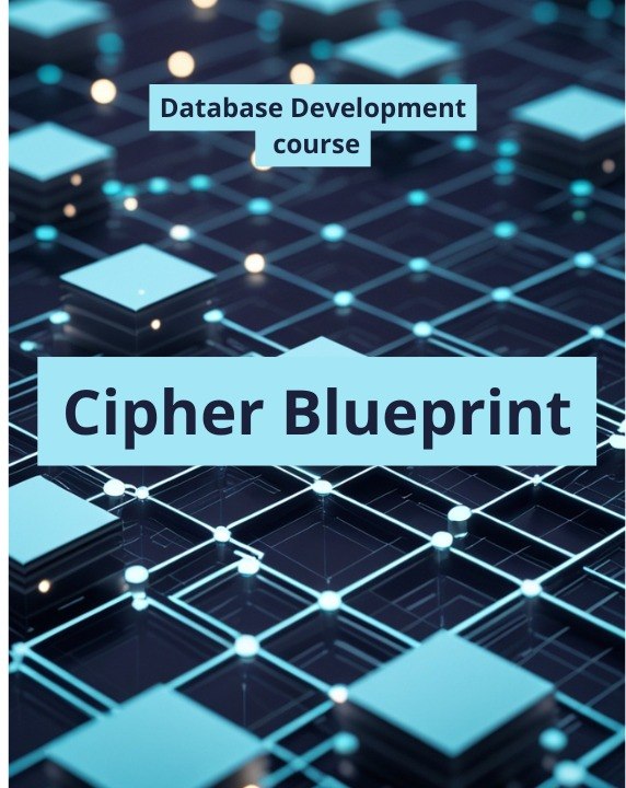 A digital cover graphic for a 'Database Development course' titled 'Cipher Blueprint', featuring a futuristic 3D network grid design in shades of blue, cyan, and black.