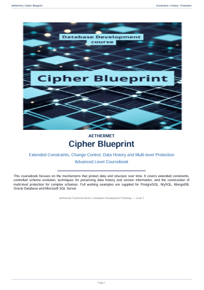 A digital preview of a textbook cover for 'Cipher Blueprint' Database Development Course by Aethermet, showing the title and a brief description on a white page background.