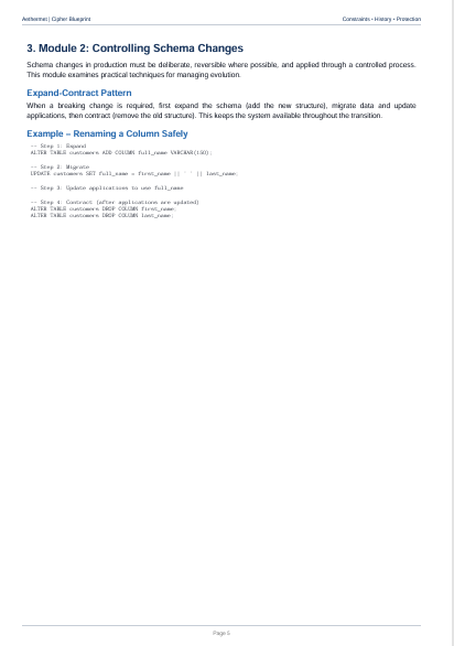 A digital document page titled 'Module 2: Controlling Schema Changes' with text and code snippets on a white background.