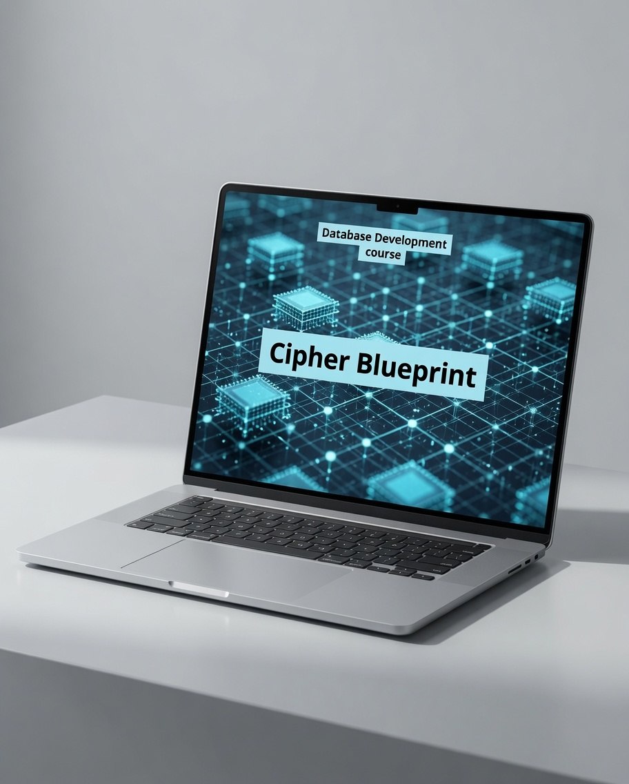 An open silver laptop sits on a white surface against a light gray background, displaying a digital course cover titled 'Cipher Blueprint' with blue network graphics and the text 'Database Development course'.