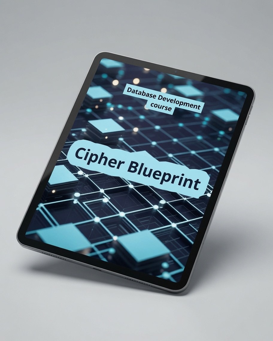 A tablet device shown at an angle on a light gray background, displaying a digital cover design with the text 'Database Development course' and 'Cipher Blueprint' over a dark blue and cyan network graphic.