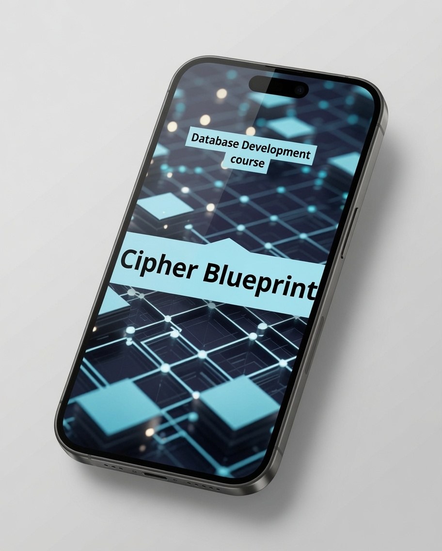A smartphone shown at an angle on a light gray background, displaying a course cover for a 'Database Development course' titled 'Cipher Blueprint' in white text over a dark blue and cyan digital network graphic.