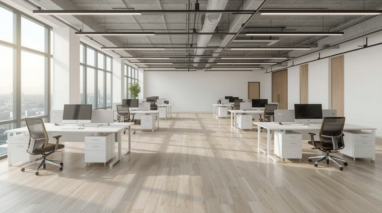 A bright, modern open-plan office space with rows of white desks, black office chairs, computer monitors, light wood flooring, and large windows with a city view.