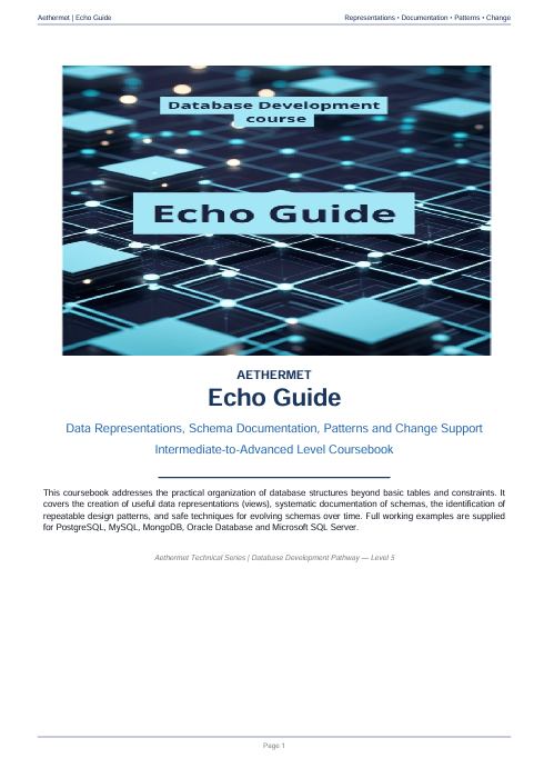 A book cover for 'Database Development Course: Echo Guide' by Aethermet, featuring a dark blue and black digital grid graphic with glowing blue lines and text, on a white page background.