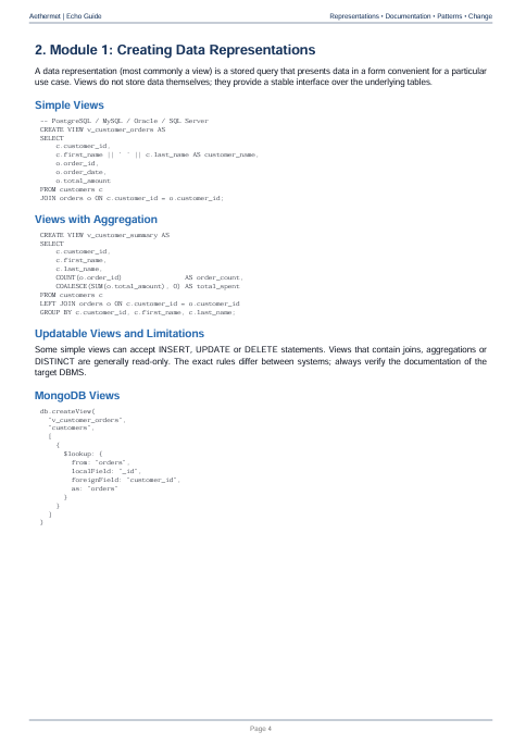 A scanned page from a technical guide or manual showing SQL code examples for creating data representations, including sections for Simple Views, Views with Aggregation, Updateable Views and Limitations, and MongoDB Views. The page has a white background with black text and a light blue header bar at the top.