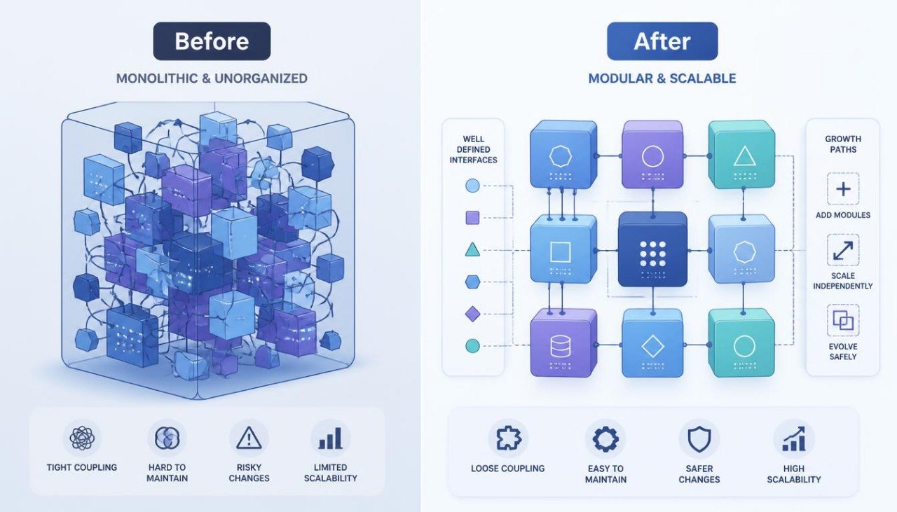 A digital infographic comparing a monolithic and modular software architecture. The left side, labeled 'Before', shows a dense, tangled blue and purple block diagram representing a monolithic system with icons for tight coupling and high complexity.