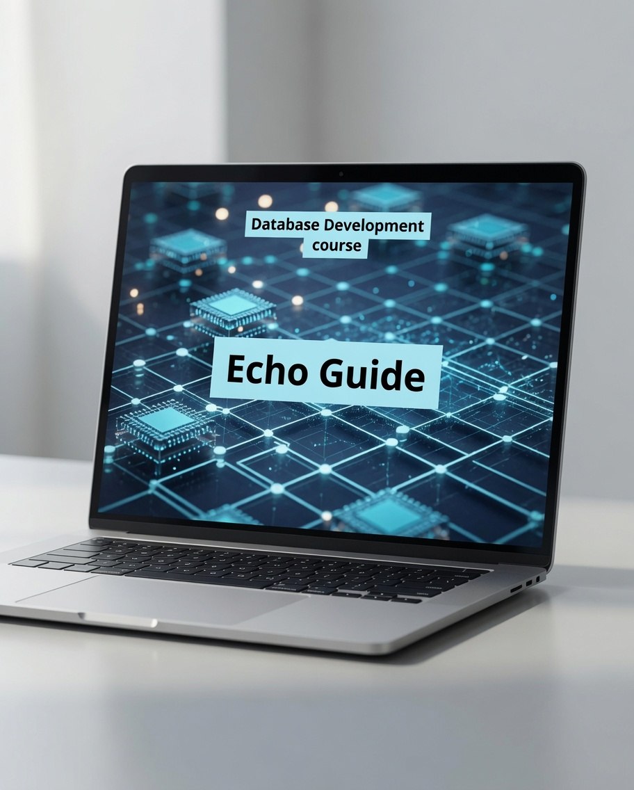 An open silver laptop on a light gray surface, displaying a digital course cover that reads 'Database Development course' and 'Echo Guide' over a blue tech-themed graphic.