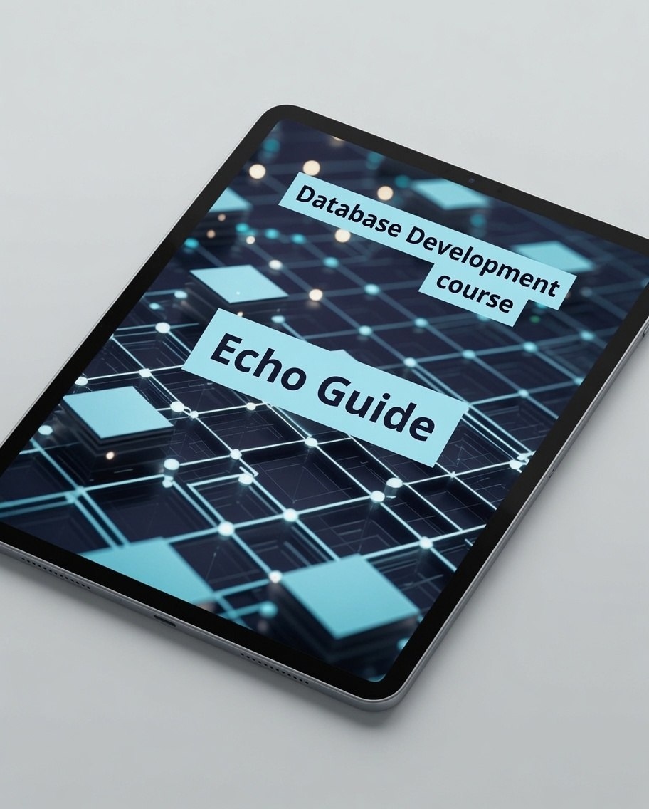 A tablet device shown at an angle on a light gray background, displaying a digital cover titled 'Database Development course Echo Guide' with a dark blue and light blue geometric network design.