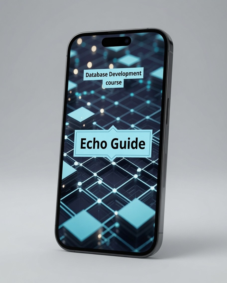 A smartphone shown upright on a light gray studio background, displaying a course cover titled 'Database Development course' and 'Echo Guide' over a blue and black geometric digital design.