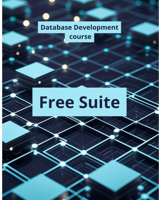Promotional graphic for a 'Database Development course' offering a 'Free Suite', featuring a digital background of 3D geometric blocks and glowing nodes in shades of blue and cyan.