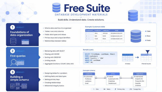 An educational infographic poster titled 'Free Suite Database Development Materials' outlining three steps: 'Foundations of data organization', 'First queries', and 'Building a simple schema'. The design features a white background with blue accents, step-by-step diagrams, and database cylinder icons.