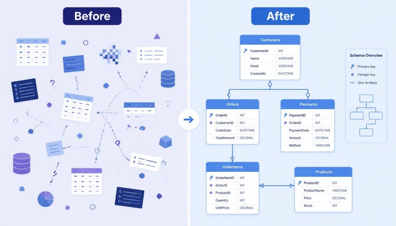 A digital infographic comparing a database schema before and after normalization, featuring blue and purple vector illustrations of tables, databases, and arrows on a light lavender background.