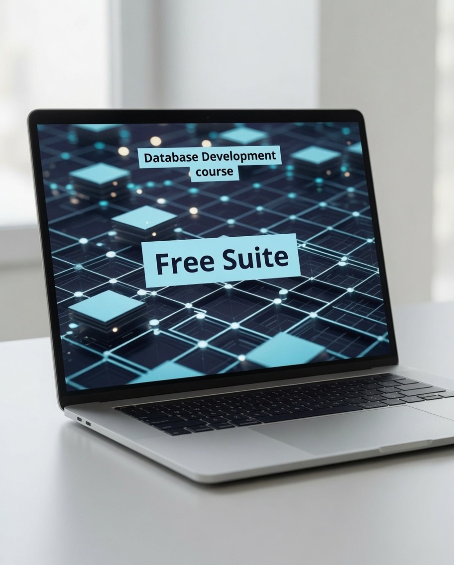 An open silver laptop on a light desk with a blurred indoor background. The screen displays a digital course graphic reading 'Database Development course' and 'Free Suite' over a dark blue and cyan network/grid design.