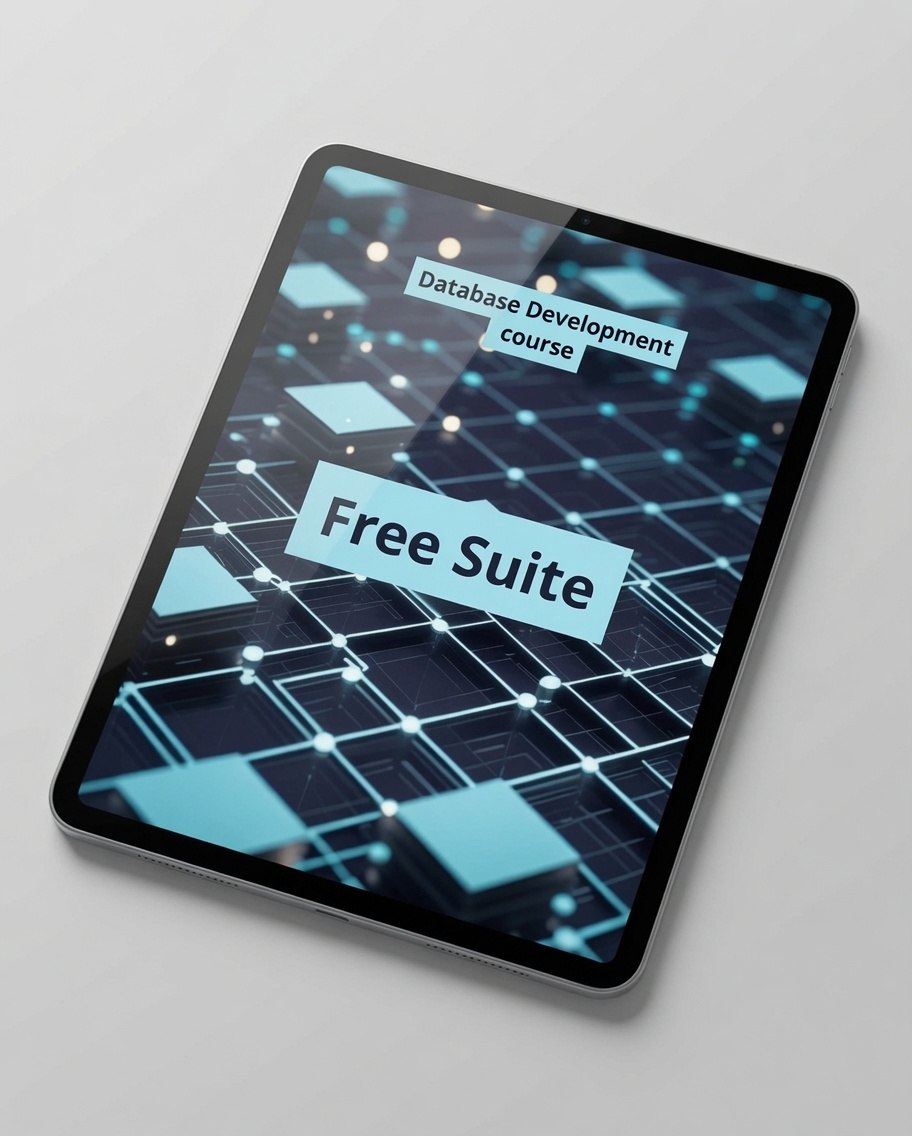 A tablet device shown at an angle on a light gray background, displaying a digital cover for a 'Database Development course' labeled 'Free Suite' over a dark blue and cyan geometric network graphic.