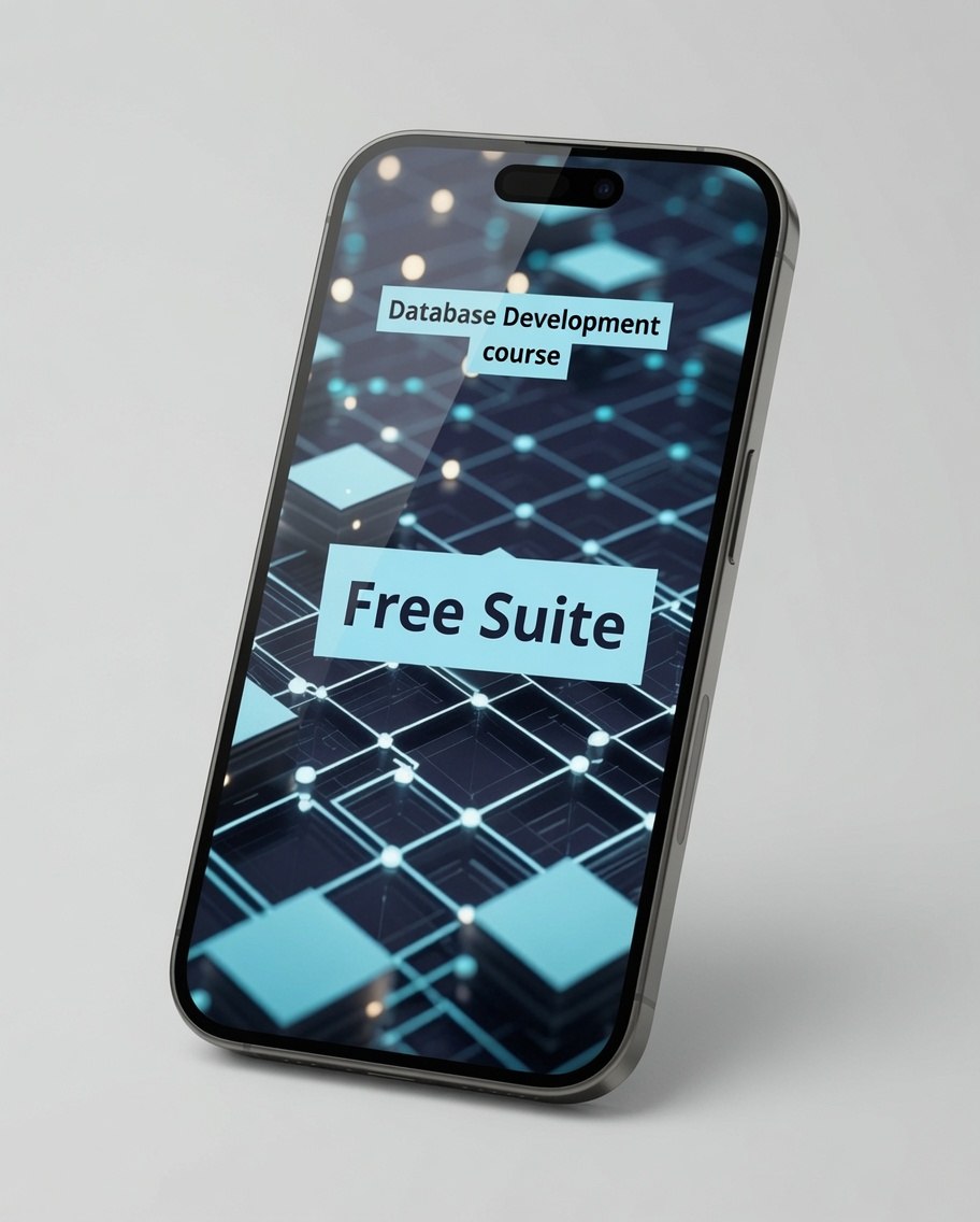 A smartphone shown at an angle on a light gray background, displaying a digital course cover with the text 'Database Development course' and 'Free Suite' over a dark blue and cyan geometric network design.