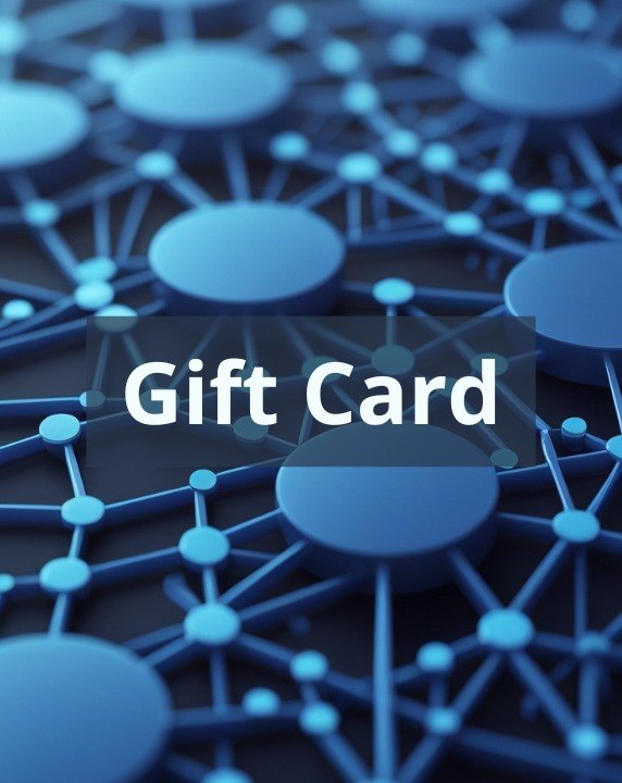 A blue abstract gift card design with a network of connected nodes and the words 'Gift Card' in white text across the center.