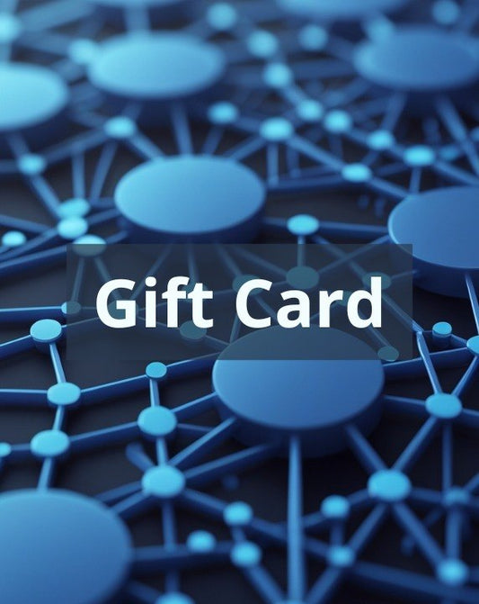 A blue abstract gift card design with a network of connected nodes and the words 'Gift Card' in white text across the center.