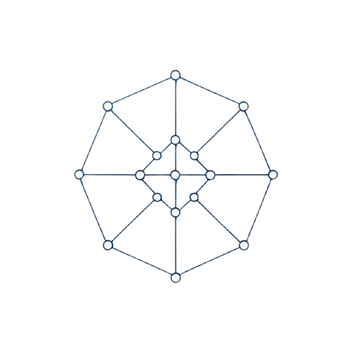 A minimalist geometric line drawing of a radial network or graph, featuring white circular nodes connected by thin dark blue lines on a solid white background.