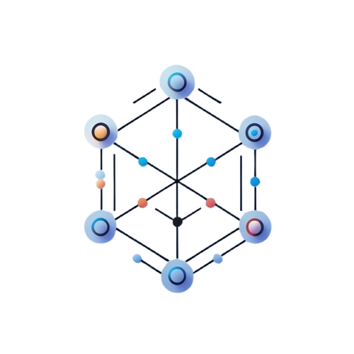 A stylized geometric network icon featuring blue circular nodes connected by thin black lines on a plain white background.