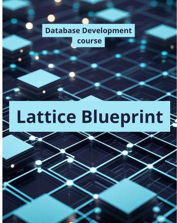 Digital cover graphic for a 'Database Development course' titled 'Lattice Blueprint', featuring a 3D isometric lattice structure in shades of blue and cyan on a dark background.