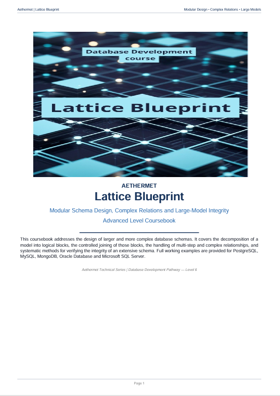 A book cover for 'Lattice Blueprint' by Aethernet, featuring a dark blue digital lattice graphic with glowing nodes and lines on a white page background.