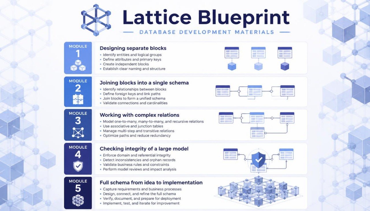 An infographic titled 'Lattice Blueprint Database Development Materials' showing five modules with text and small database-related diagrams on a white background with light blue geometric accents.