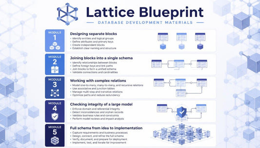 An infographic titled 'Lattice Blueprint Database Development Materials' showing five modules with text and small database-related diagrams on a white background with light blue geometric accents.