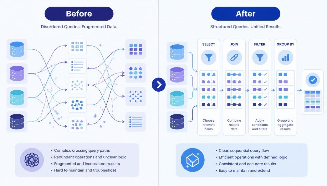 A digital infographic comparing 'Before' and 'After' database query performance. The left 'Before' section shows messy, fragmented data with tangled lines and complex paths.