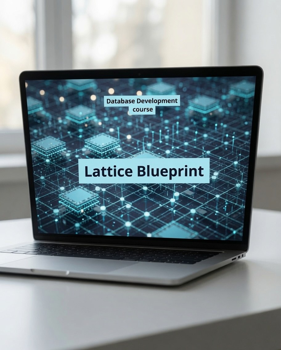 An open silver laptop on a light desk in front of a softly blurred window, displaying a course graphic that reads 'Database Development course' and 'Lattice Blueprint'.