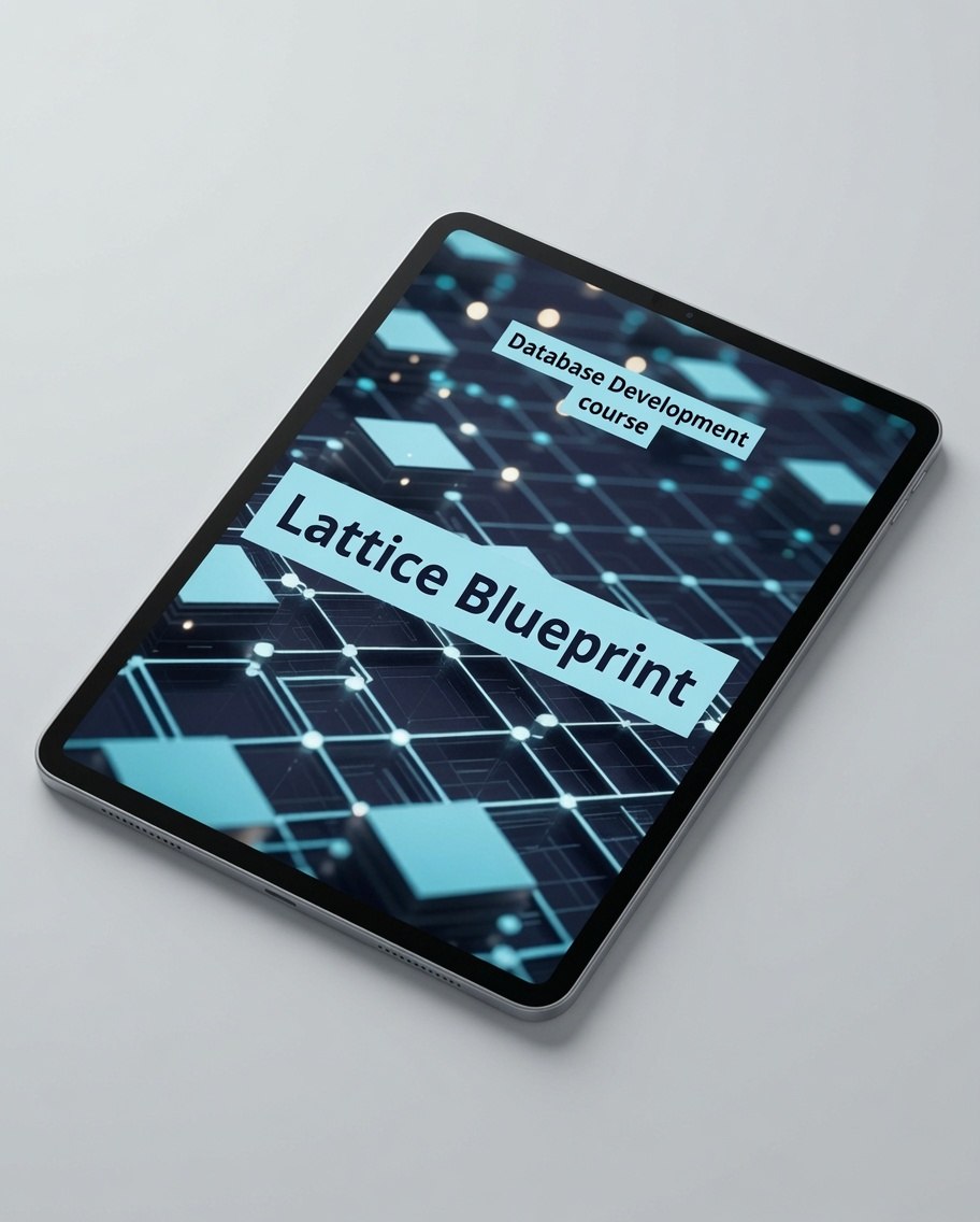A tablet device shown at an angle on a light gray background, displaying a digital cover for a 'Database Development course' titled 'Lattice Blueprint'.