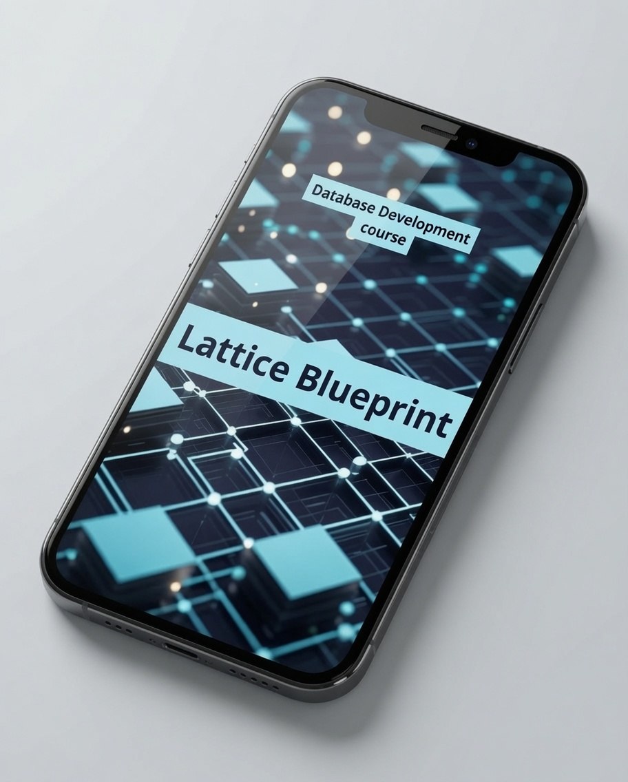 A black smartphone angled on a light gray surface, displaying a digital course cover titled 'Lattice Blueprint' with the subtitle 'Database Development course' over a blue and black tech grid graphic.