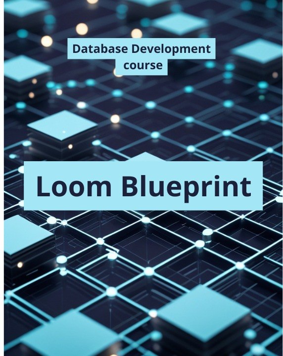 Digital cover graphic for a 'Database Development course' titled 'Loom Blueprint', featuring a futuristic 3D network of glowing blue and cyan cubes on a dark background.