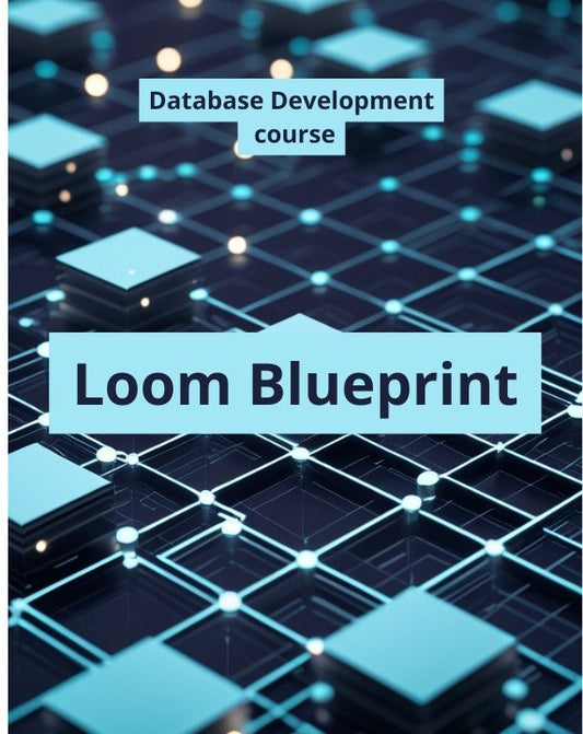 Digital cover graphic for a 'Database Development course' titled 'Loom Blueprint', featuring a futuristic 3D network of glowing blue and cyan cubes on a dark background.