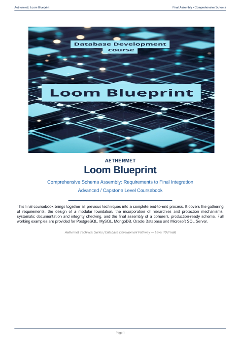 A book cover for 'Loom Blueprint' database development course by Aether, shown on a white page background with small text at the top.