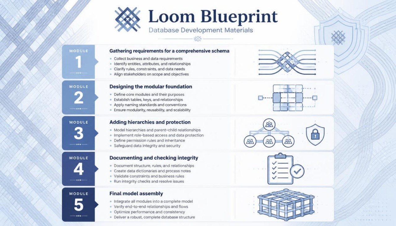 An infographic titled 'Loom Blueprint Database Development Materials' outlining a five-module database development curriculum with icons and diagrams on a light blue and white background.