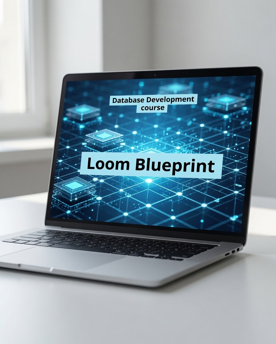 An open silver laptop on a white desk in a bright indoor setting, displaying a blue digital course graphic with the text 'Database Development course' and 'Loom Blueprint'.