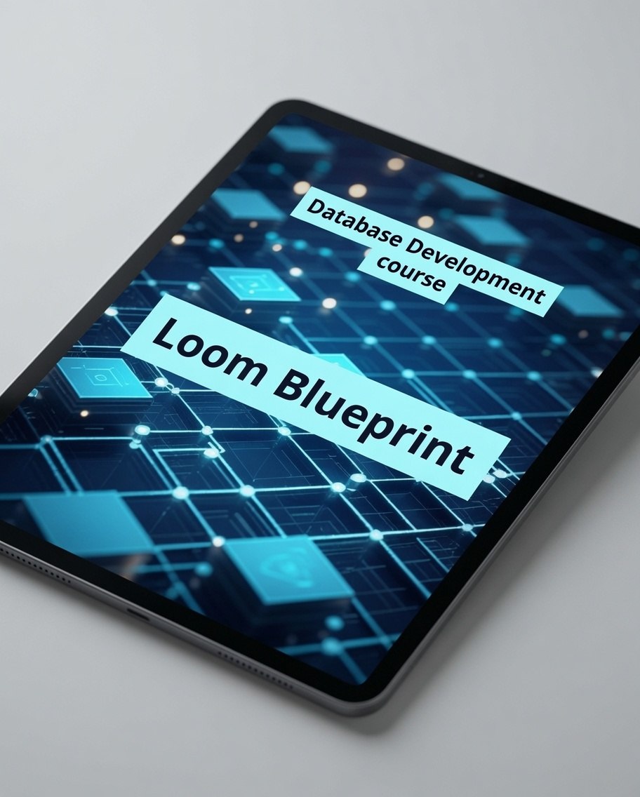 A tablet device angled on a light gray surface, displaying a digital cover for a 'Database Development course' titled 'Loom Blueprint' with a blue and cyan network graphic background.