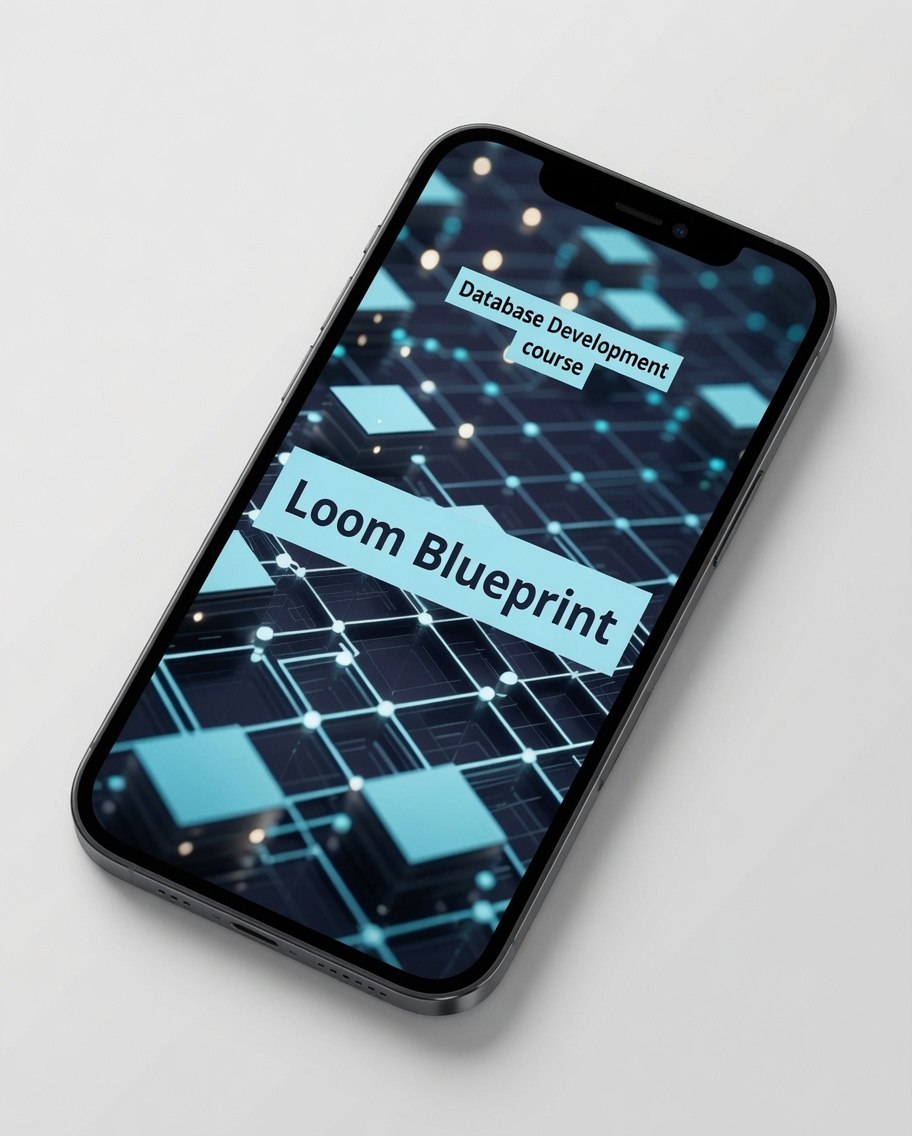 A black smartphone angled on a light gray background, displaying a course cover for 'Loom Blueprint' with a dark blue and teal digital network graphic.