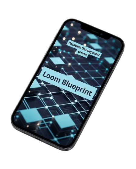A black smartphone angled diagonally on a white background, displaying a course graphic that reads 'Loom Blueprint' and 'Database Development course'.