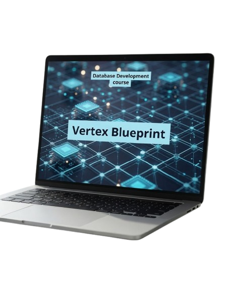 A silver laptop displaying a course graphic titled 'Vertex Blueprint' for a database development course, set against a plain white background.