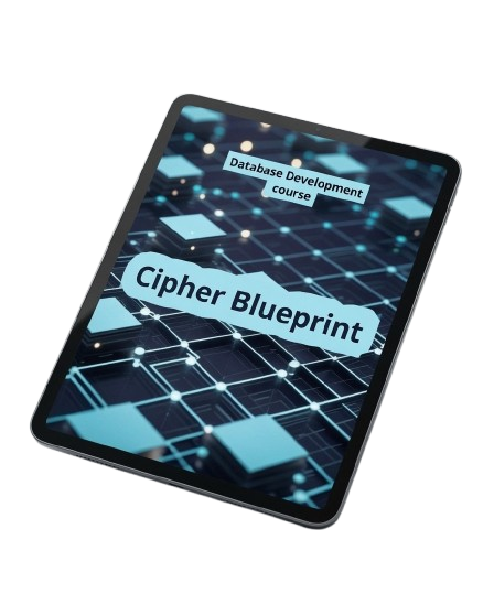 A tablet device displaying a digital course cover titled 'Cipher Blueprint' with the subtitle 'Database Development course' on a plain white background.
