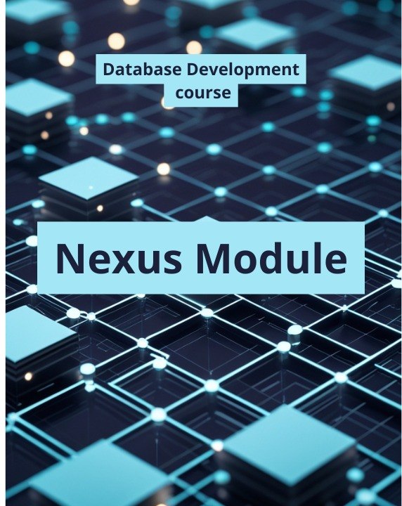 Digital cover graphic for a 'Database Development course' by Nexus Module, featuring a 3D abstract network of glowing blue and cyan cubes on a dark background.