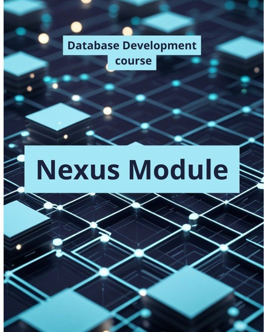 Digital cover graphic for a 'Database Development course' by Nexus Module, featuring a 3D abstract network of glowing blue and cyan cubes on a dark background.